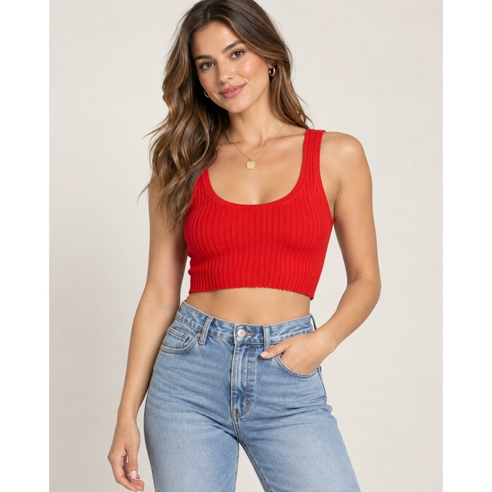 Idem Ditto Women's Large Red Ribbed Knit Crop Tank Top Scoop Neck Y2K
